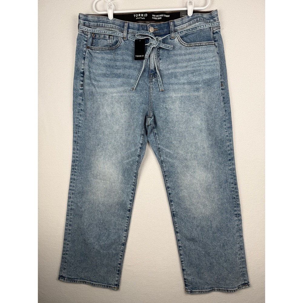 NEW Torrid Baggy Straight Jeans Womens 16 Short Blue High Rise Tie Waist Denim